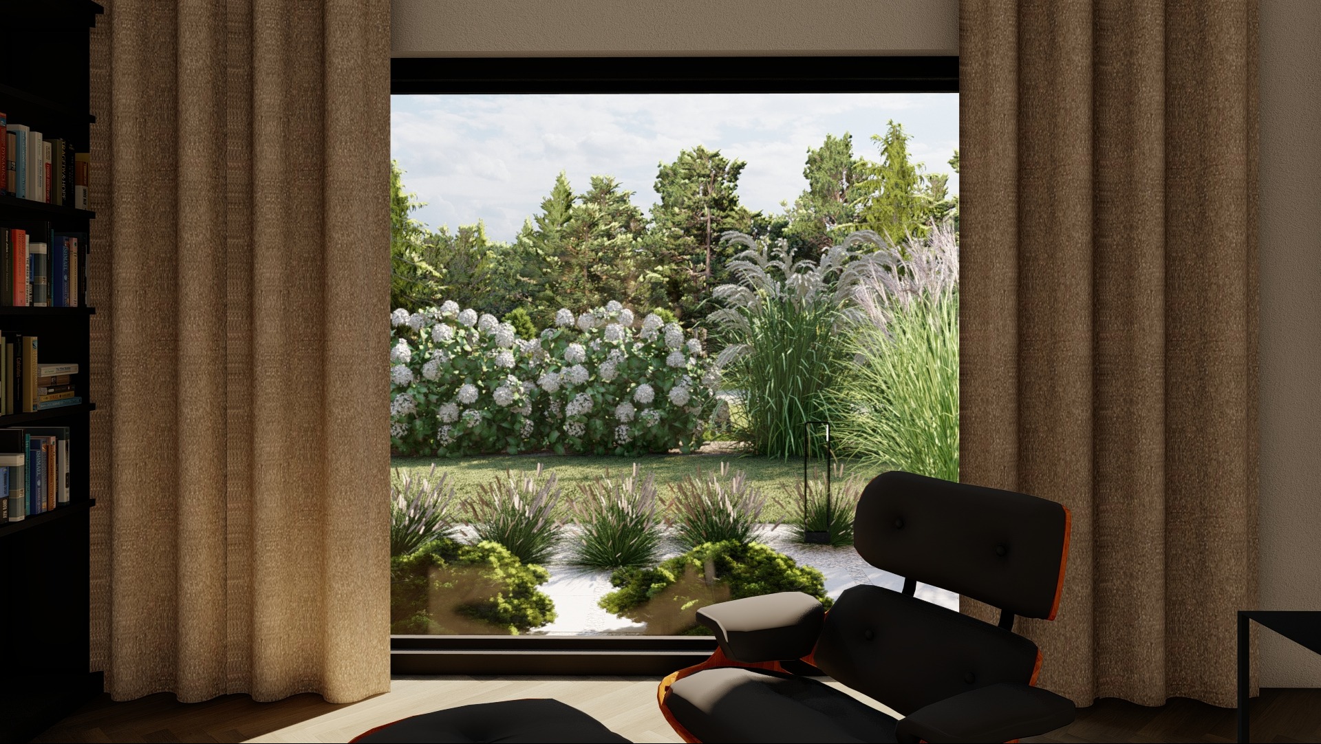Widok na starannie zaprojektowany ogród z kwitnącymi hortensjami, ozdobnymi trawami i niskimi krzewami, widziany z wnętrza przez duże okno z brązowymi zasłonami, z fotela Eames Lounge Chair...
