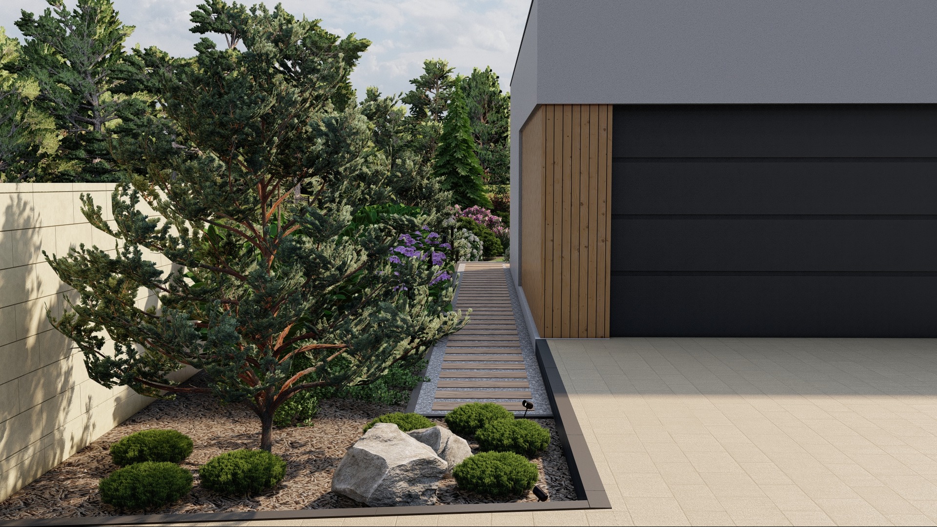 Nowoczesny ogród z drewnianą ścieżką prowadzącą do domu, obok garażu z czarnymi drzwiami, z roślinami ozdobnymi, krzewami i kamieniami