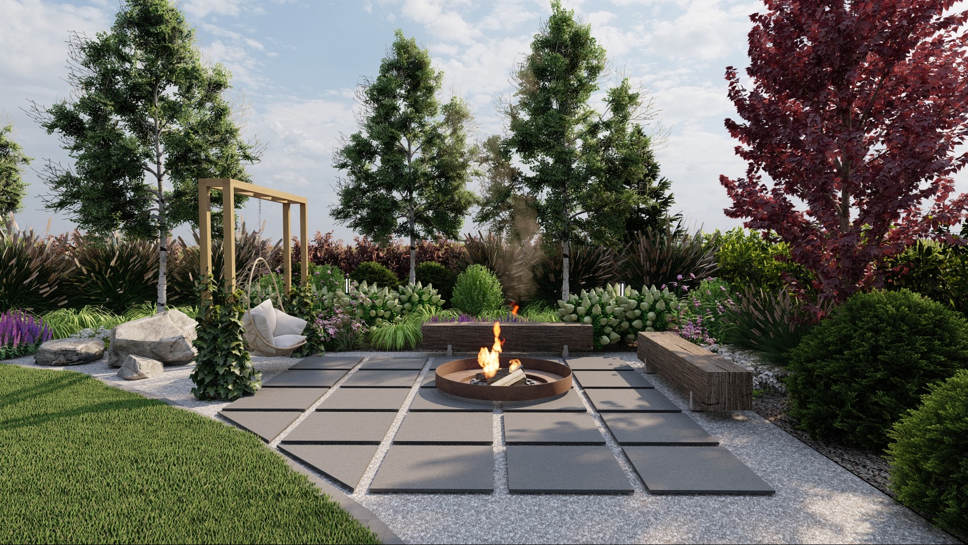 Nowoczesny ogród z paleniskiem otoczonym kwadratowymi płytami, huśtawką ogrodową i bujną roślinnością w odcieniach zieleni i burgundu.