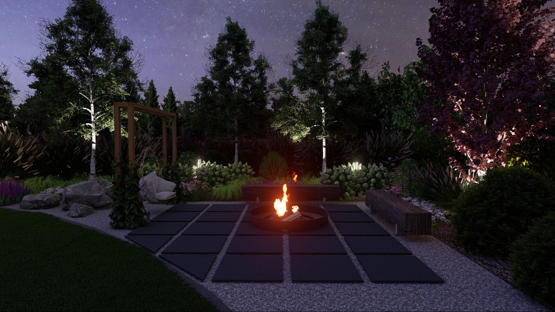 Oświetlona aranżacja przestrzeni ogrodowej z centralnym paleniskiem otoczonym geometrycznymi płytami, z widocznym drewnianym siedziskiem i dekoracyjnym hamakiem na tle nocnego nieba.