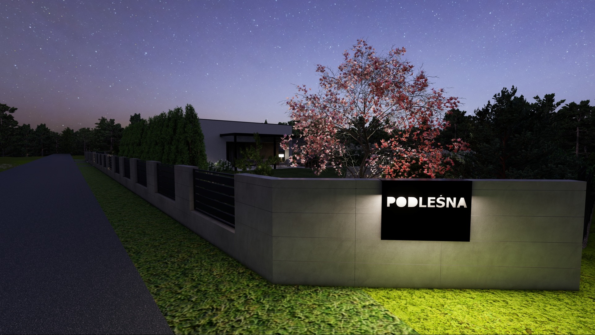 Nowoczesny dom jednorodzinny z podświetlonym ogrodzeniem i tabliczką z nazwą 'Podleśna' w nocnej scenerii z widocznymi gwiazdami.