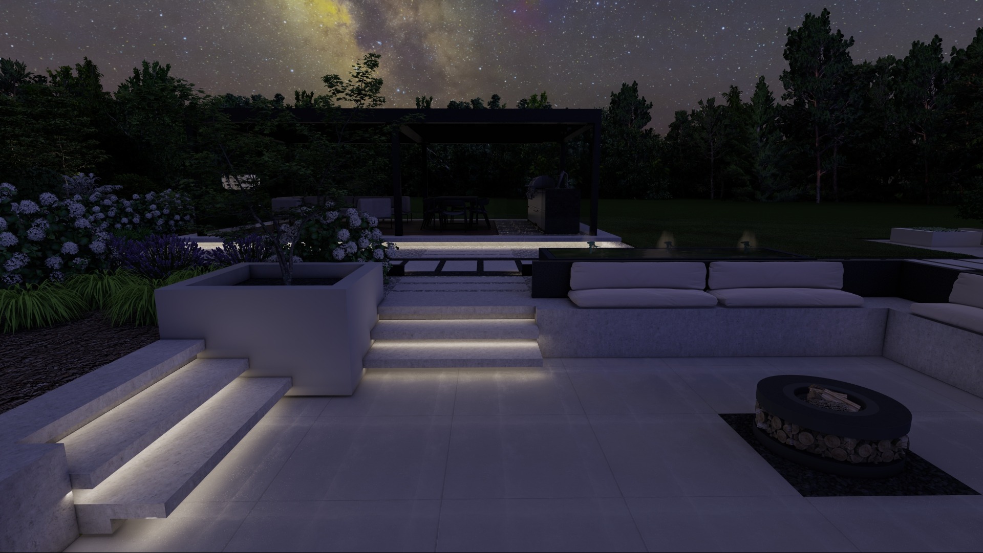 Nowoczesny ogród nocą z oświetlonymi schodami, paleniskiem, pergolą i rabatami kwiatowymi pod rozgwieżdżonym niebem.