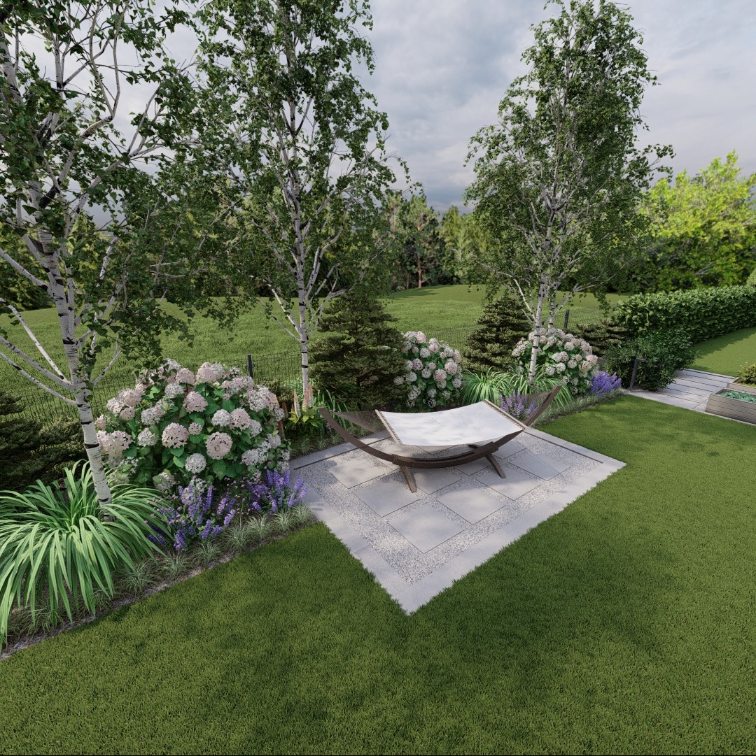 Wizualizacja ogrodu z białymi brzozami, hortensjami i hamakiem na kamiennym podeście.