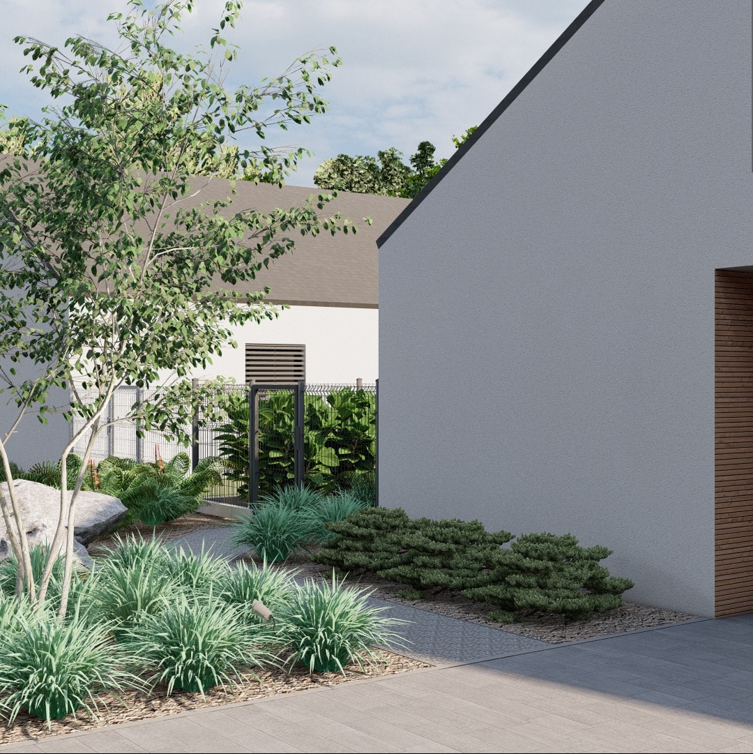 Wizualizacja ogrodu przydomowego z nowoczesną architekturą, trawnik z ozdobnymi trawami i krzewami, ścieżka z płyt betonowych.