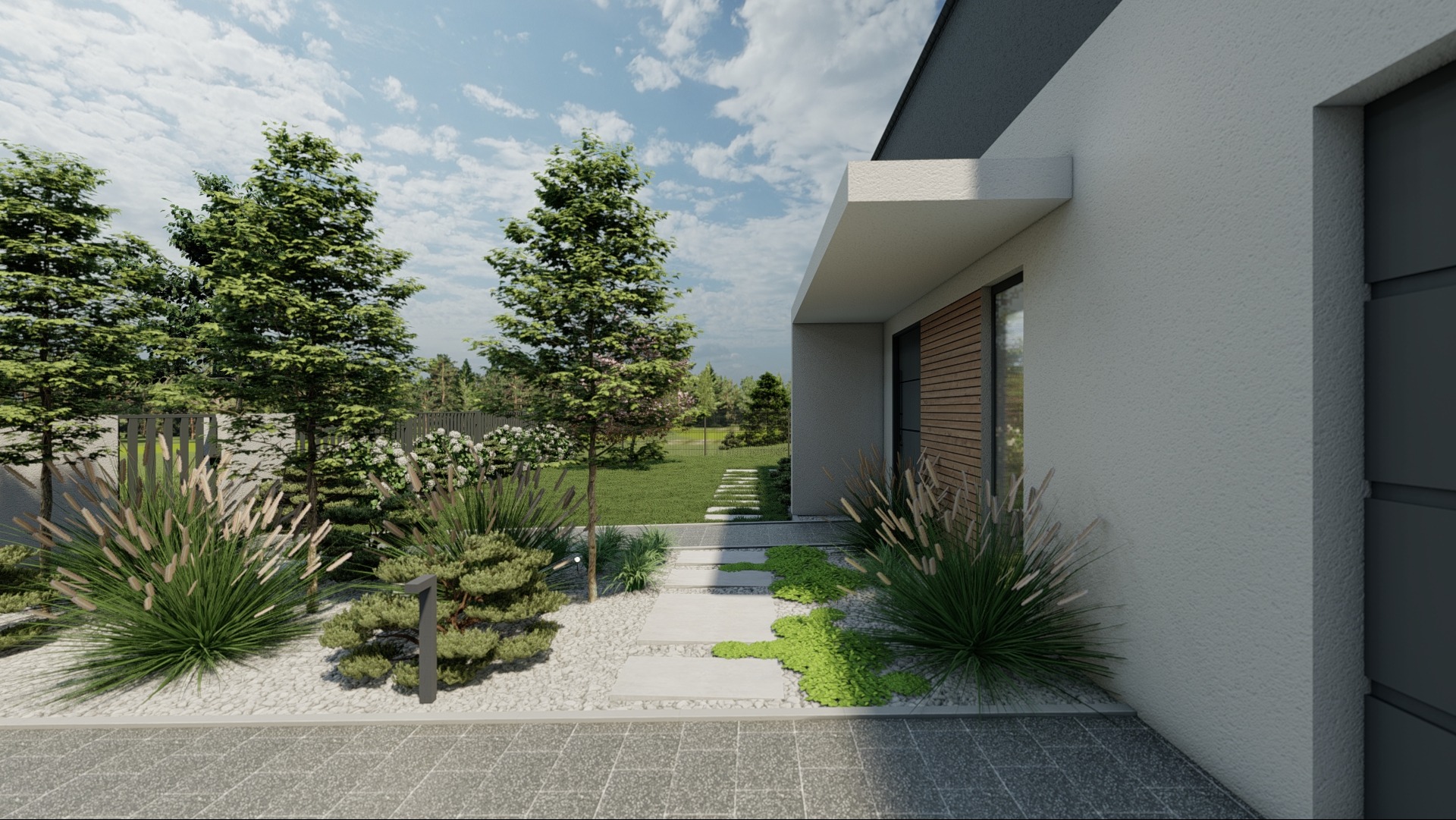 Wizualizacja nowoczesnego ogrodu przed domem z ścieżką z płyt, ozdobnymi trawami i drzewami liściastymi, oświetlona lampą ogrodową.