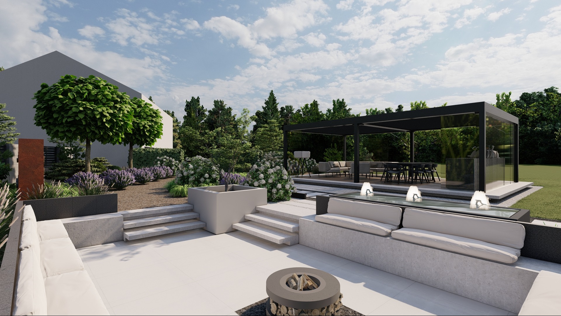 Wizualizacja nowoczesnego ogrodu z minimalistyczną pergolą, fontanną z oświetleniem, paleniskiem i strefą wypoczynkową z białymi sofami.