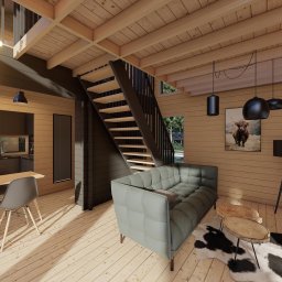 Logbar Sp. z o.o. - Wnętrze domu z drewnianą boazerią, schodami na antresolę i nowoczesnym wyposażeniem: szary narożnik, drewniane stoliki kawowe, telewizor i wiszące lampy.