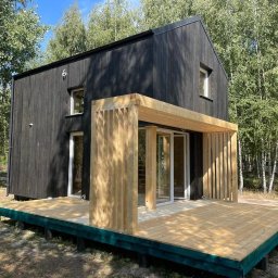 Logbar Sp. z o.o. - Czarny, nowoczesny dom z drewnianą elewacją i tarasem, otoczony brzozowym lasem, widoczna drabina oparta o ścianę.