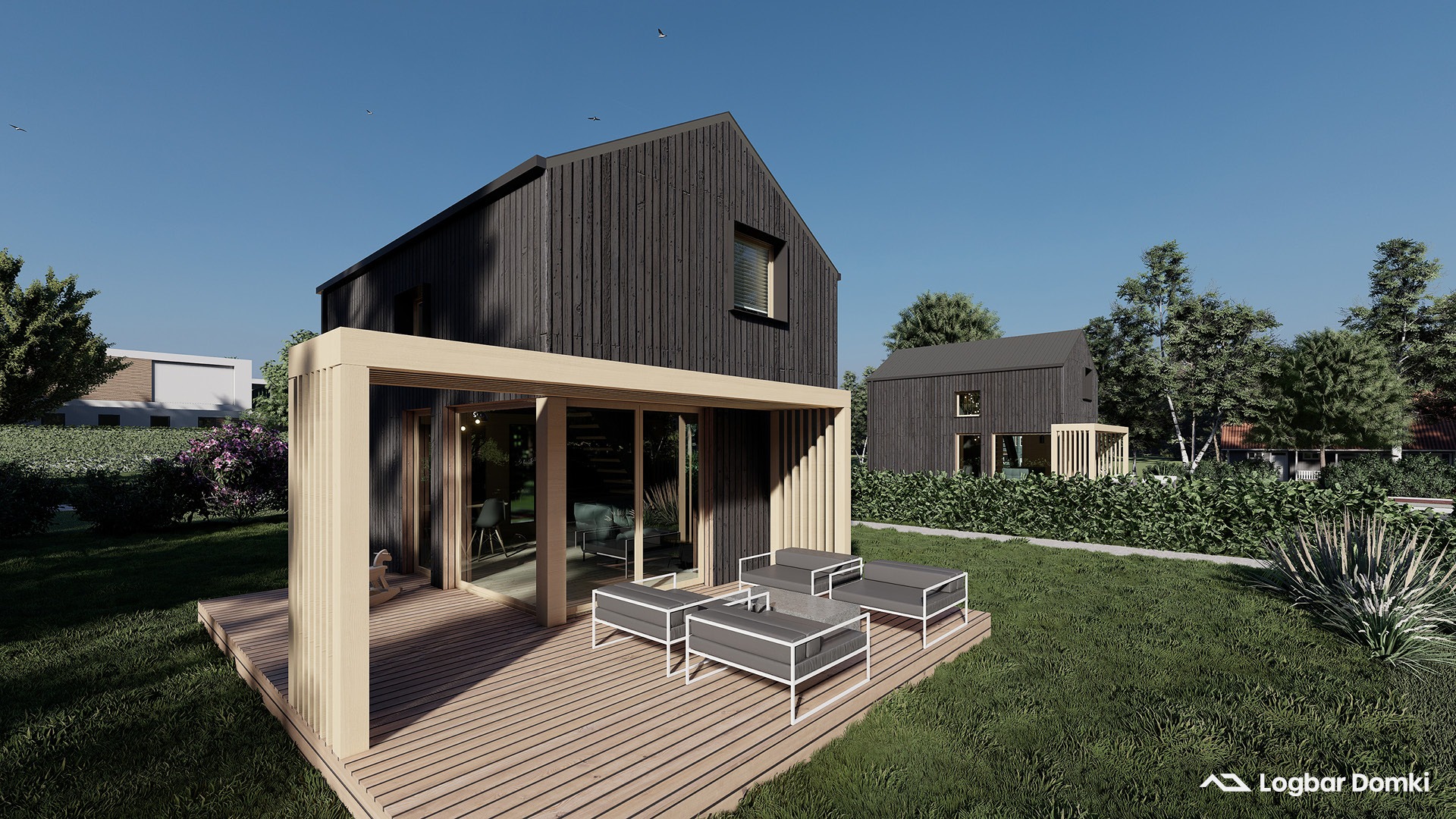 Wizualizacja dwóch nowoczesnych, czarnych domów z drewnianą elewacją, z drewnianym tarasem i meblami ogrodowymi na pierwszym planie, otoczonych zielenią i błękitnym niebem.