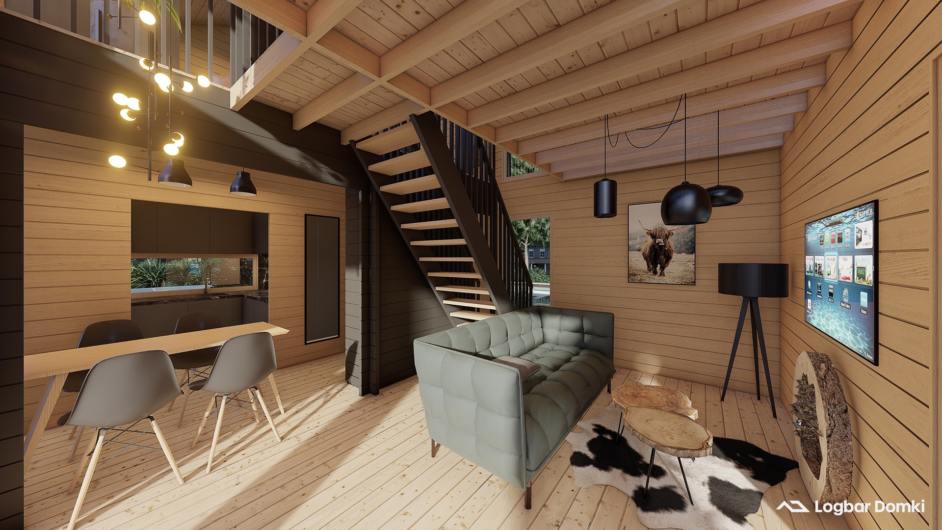 Wnętrze domu z drewnianą boazerią, schodami na antresolę i nowoczesnym wyposażeniem: szary narożnik, drewniane stoliki kawowe, telewizor i wiszące lampy.