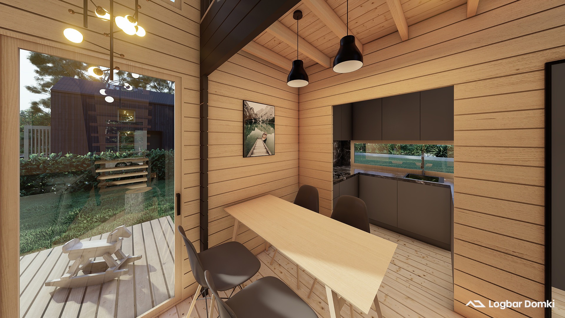 Wnętrze domu z drewnianą boazerią, widok na kuchnię z czarnymi szafkami i marmurowym blatem, stół z krzesłami, przez okno widoczny ogród i drewniany koń na biegunach.