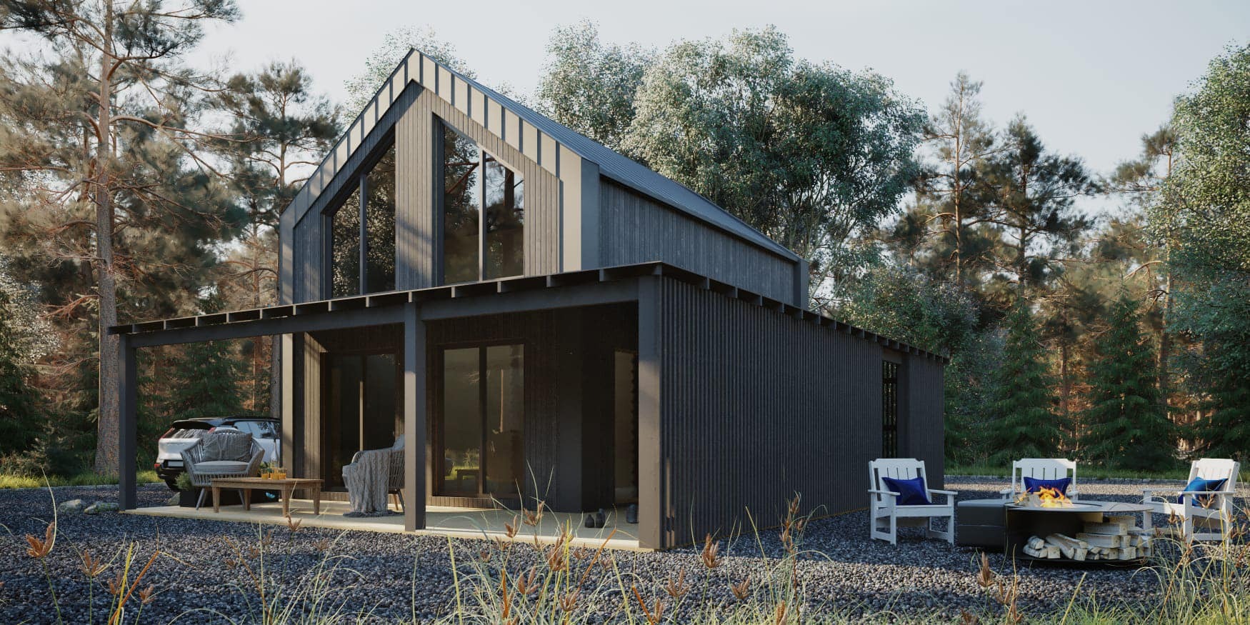 Dom typu Finezja, to dom o wymiarach 5 × 7 metrów, który dodatkowo posiada patio.