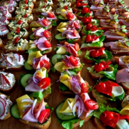 Różnorodne kanapki na kromkach chleba, udekorowane warzywami, wędlinami i pastami, ułożone rzędami na drewnianym blacie, niektóre spięte wykałaczkami.