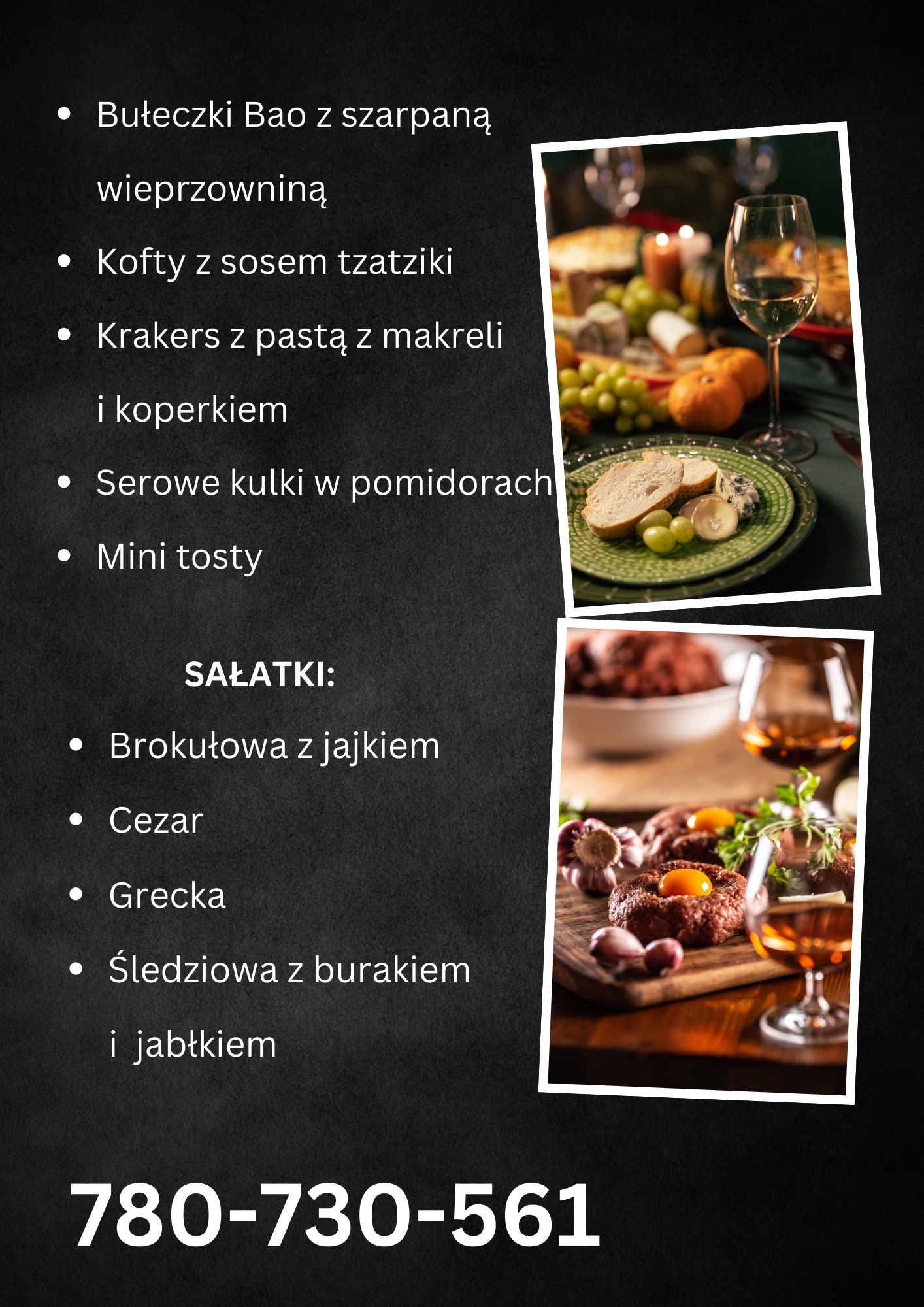 Menu degustacyjne: krakersy z pastą z makreli, mini tosty z serem pleśniowym i winogronami, tatar wołowy z żółtkiem, czosnkiem i kieliszkiem alkoholu na drewnianej desce.