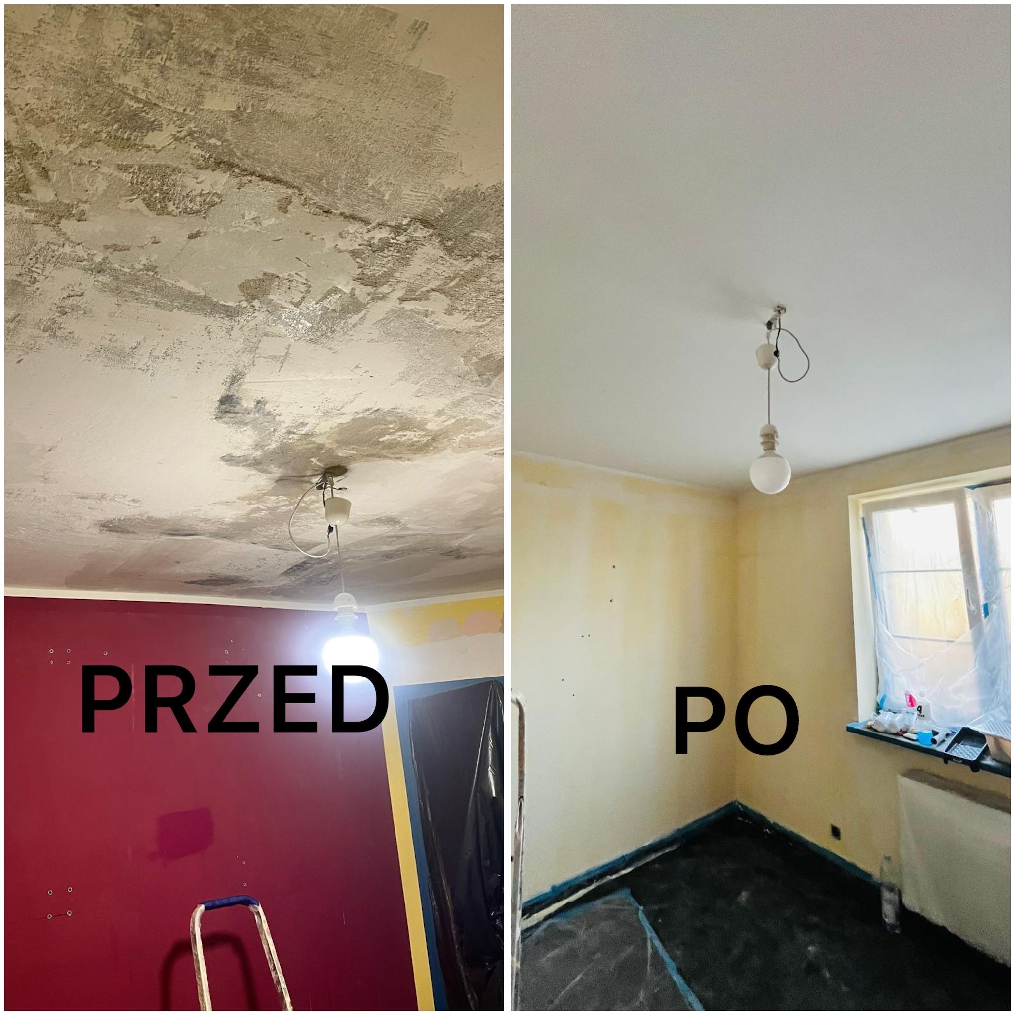 Porównanie stanu sufitu i ścian PRZED i PO pracach. Widoczne różnice w fakturze i kolorze. Na części 'PO' widoczna lampa wisząca i okno.