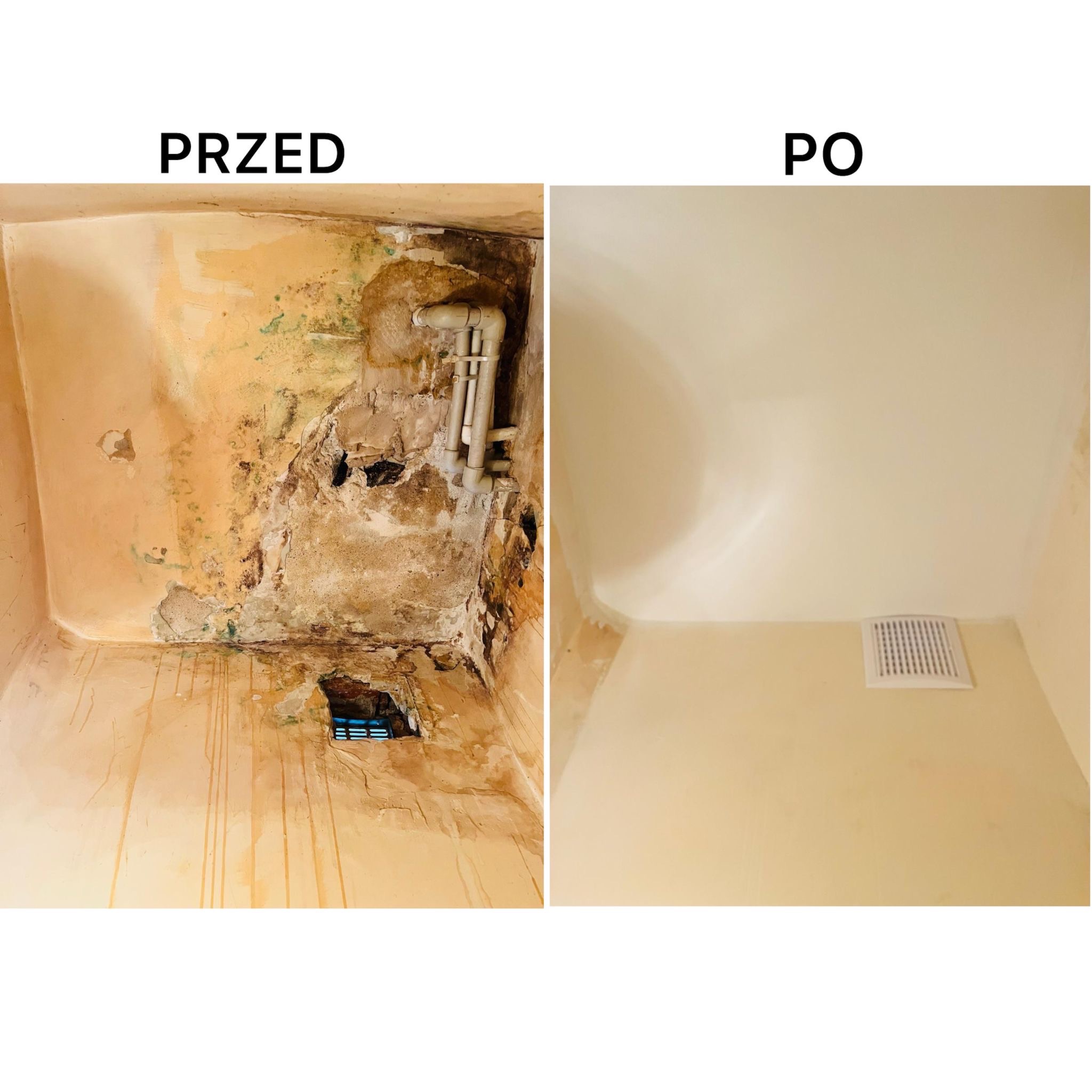 Zdjęcie 'przed i po' prezentujące odnowione wnętrze z gładkimi ścianami i kratką wentylacyjną, kontrastujące z wcześniejszym stanem zniszczeń i widocznymi rurami.