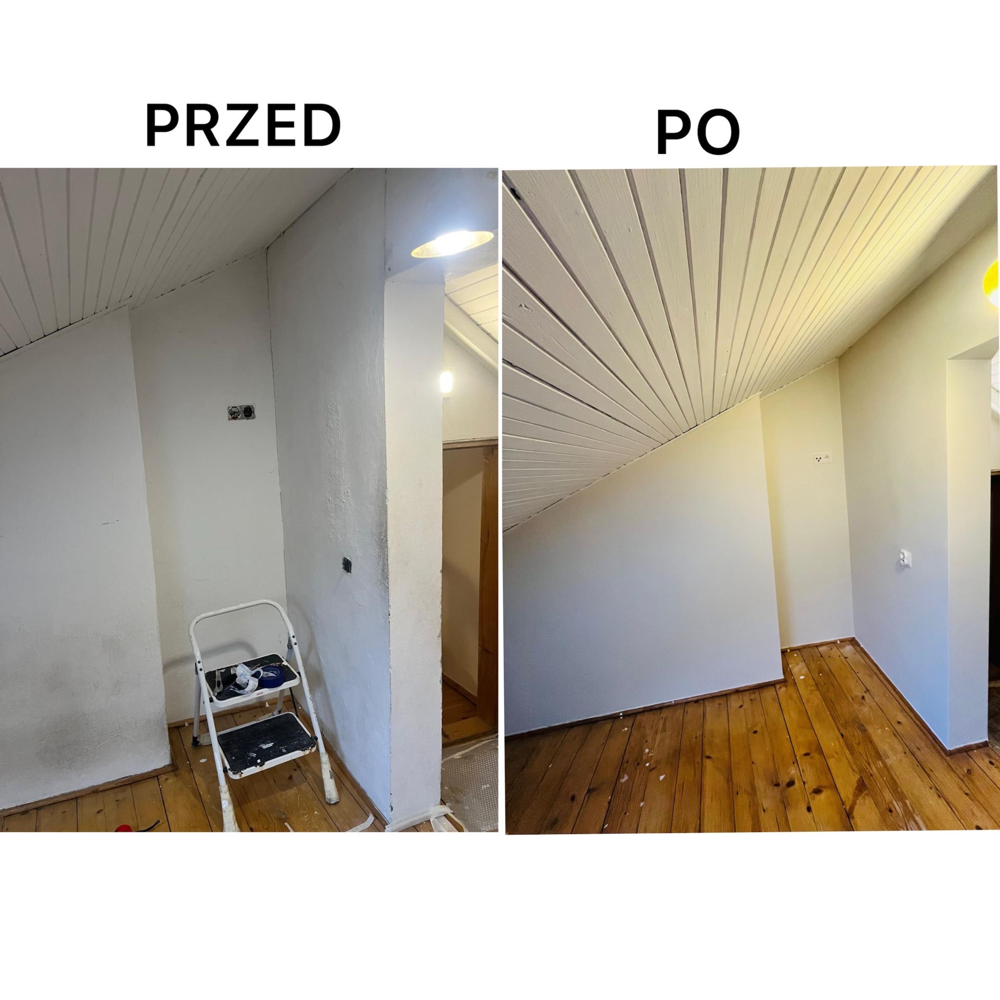 Zdjęcie 'przed i po' przedstawia odnowione poddasze: ściany i sufit pomalowane na biało, drewniana podłoga. Po lewej drabina malarska, po prawej czysto i schludnie.