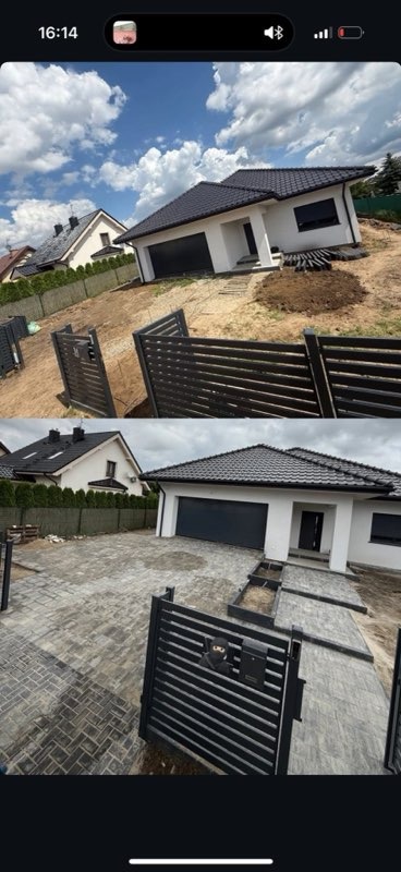 Zdjęcie 'przed i po' z ułożoną kostką brukową przed nowoczesnym domem z czarną bramą. Widoczne zmiany w zagospodarowaniu terenu.
