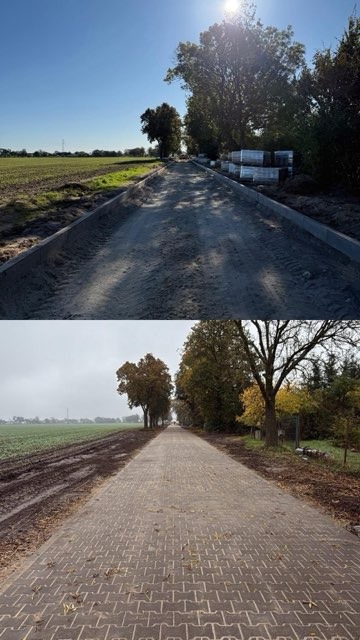 Dwuetapowy widok: górna część ukazuje przygotowanie podłoża, dolna - ułożoną kostkę brukową na długiej drodze wśród drzew i pól.