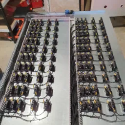 Rozbudowana szafa sterownicza z licznymi przekaźnikami i okablowaniem, widoczne oznaczenia na przewodach, w tle elementy wyposażenia warsztatu.