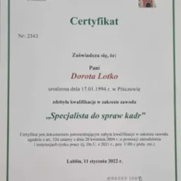 Certyfikat Lubelskiej Izby Rzemieślniczej dla Doroty Lotko, specjalisty do spraw kadr, wydany w Lublinie 11 stycznia 2022 roku.