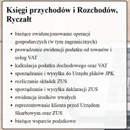 Kancelaria Księgowa Dorota Lotko - Lista usług księgowych obejmująca ewidencjonowanie operacji gospodarczych, VAT, kalkulację podatków, pliki JPK, rozliczanie ZUS, ewidencję środków trwałych i reprezentowanie klienta przed Urzędem...
