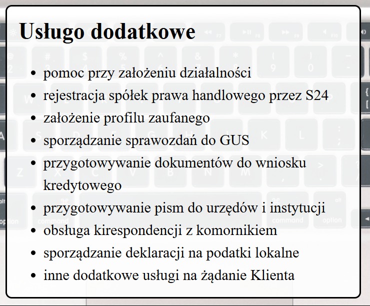 Lista dodatkowych usług biura rachunkowego wyświetlana na ekranie laptopa, obejmująca pomoc przy zakładaniu działalności, rejestrację spółek, zakładanie profilu zaufanego, sporządzanie sprawozdań...