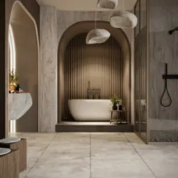 Nowoczesna łazienka z wanną w niszy i kamiennymi lampami wiszącymi. Minimalistyczny design z naturalnymi materiałami i ciepłym oświetleniem.