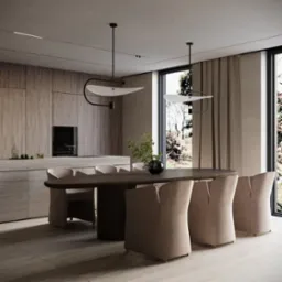 Nowoczesna jadalnia z owalnym stołem, beżowymi krzesłami i designerskimi lampami wiszącymi. Minimalistyczna zabudowa kuchenna w tle, duże okna z widokiem na zieleń.