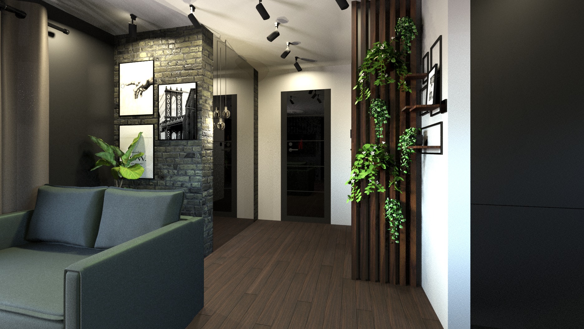 Wizualizacja nowoczesnego salonu z szarą sofą, ścianą z cegły z czarno-białymi grafikami, drewnianą podłogą i ścianą z drewnianych listew z pnącymi roślinami.