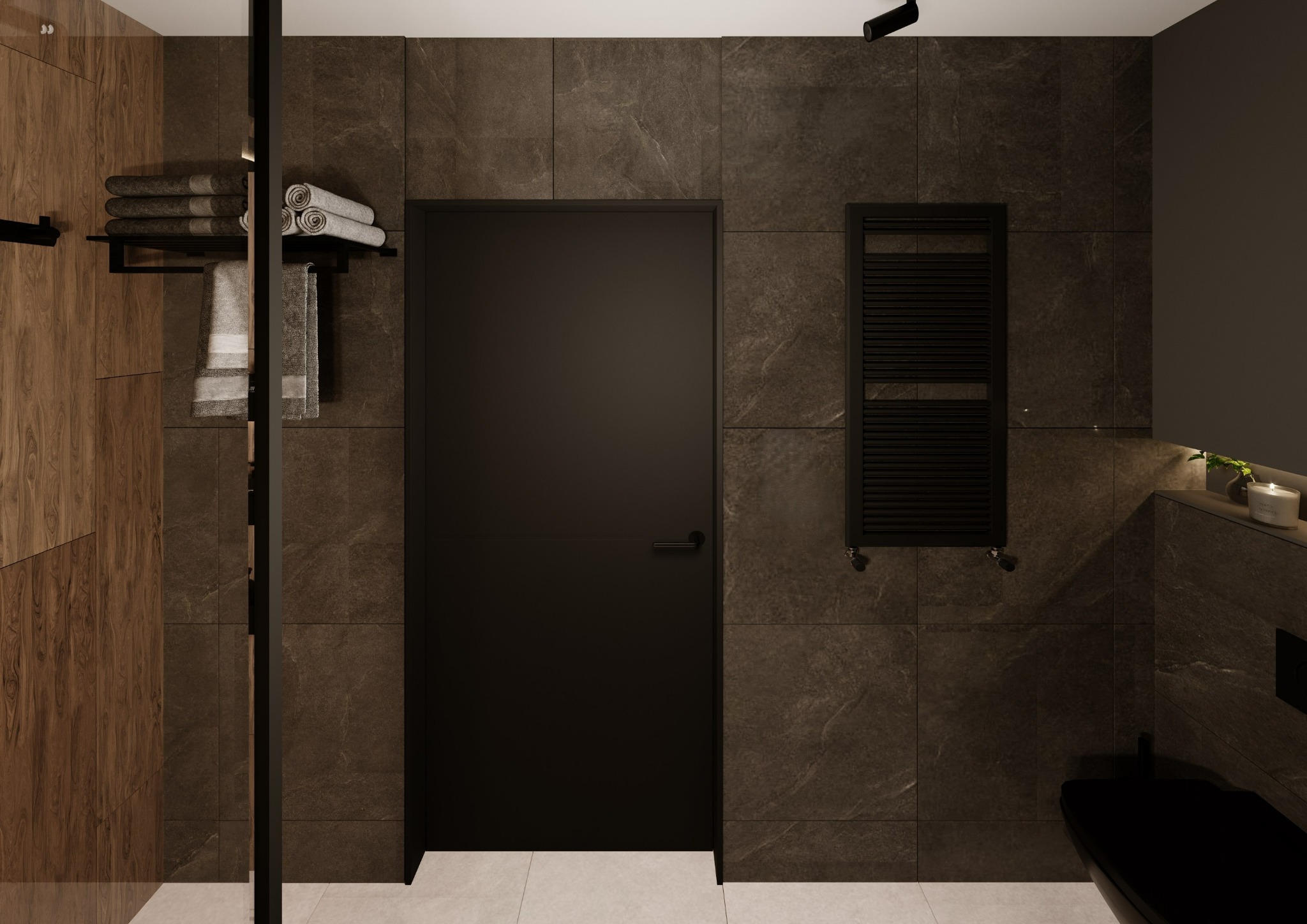 Nowoczesna łazienka z ciemnymi płytkami imitującymi kamień, czarną armaturą i drewnianymi akcentami, widok na drzwi, grzejnik drabinkowy oraz półkę z ręcznikami.