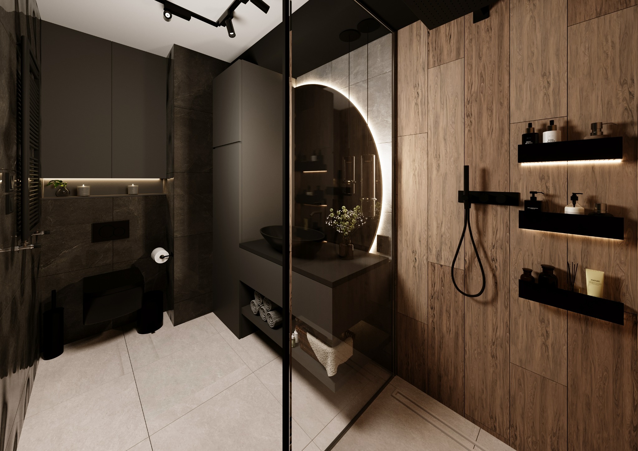 Nowoczesna łazienka z kabiną prysznicową typu walk-in, umywalką w kolorze grafitowym, okrągłym lustrem z podświetleniem LED oraz drewnianą ścianą z półkami podświetlanymi od dołu.