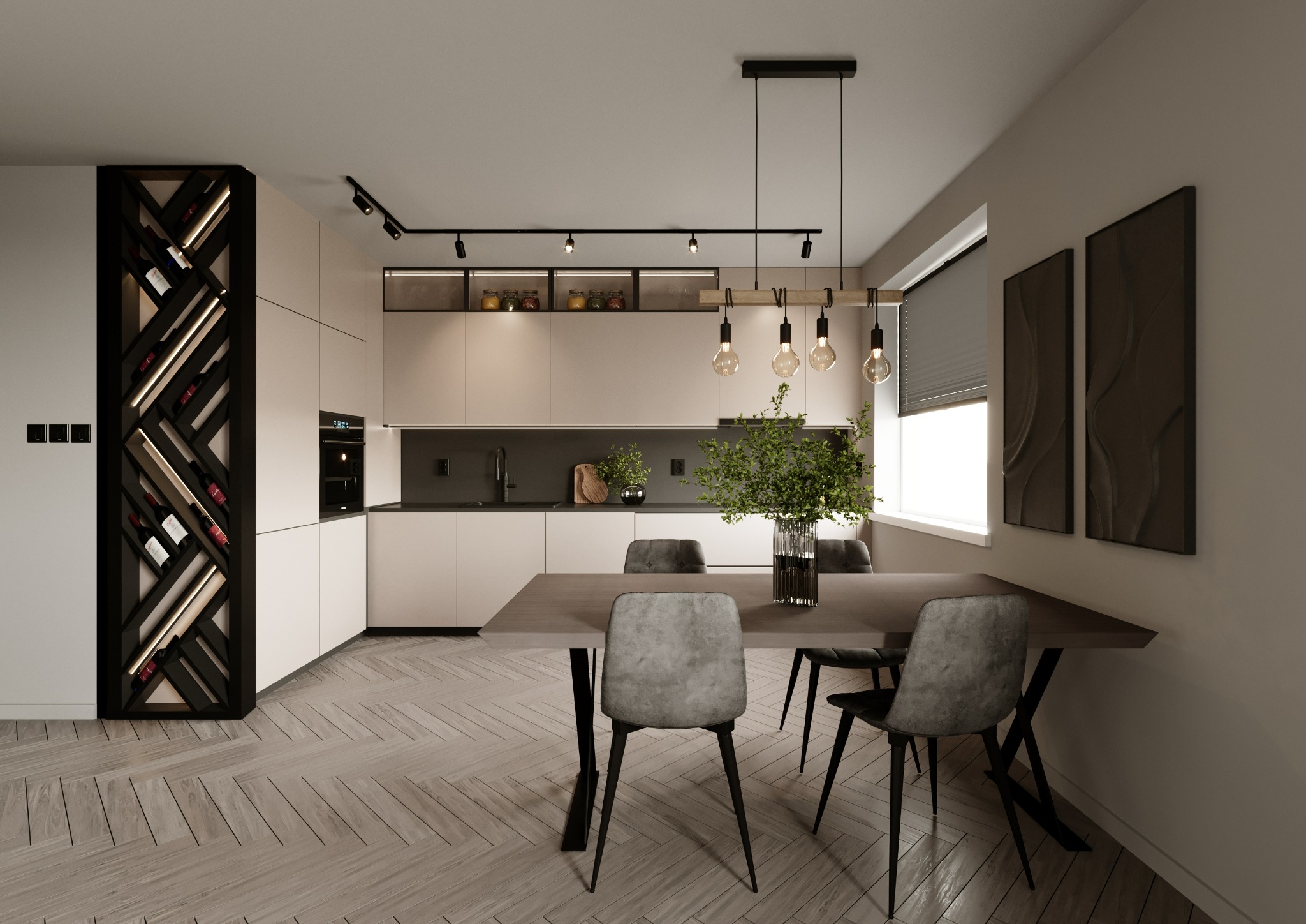 Nowoczesna kuchnia z jadalnią w neutralnych barwach, z drewnianą podłogą w jodełkę, czarnym regałem na wino z podświetleniem LED, minimalistycznymi szafkami kuchennymi i stołem jadalnym z szarymi...