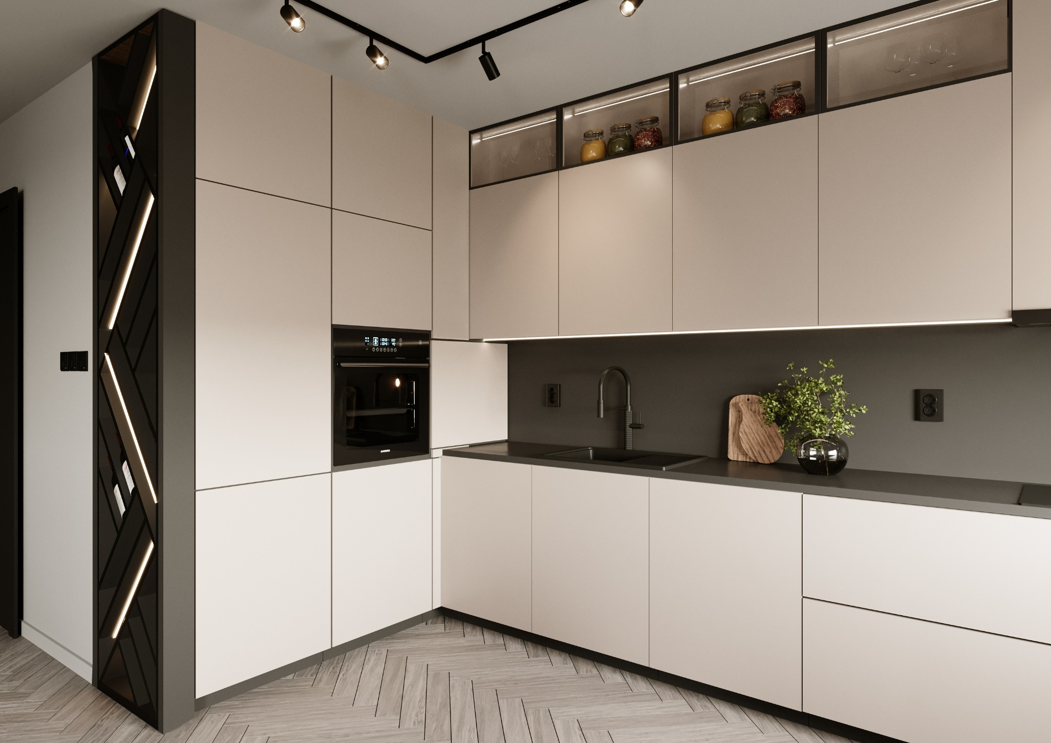 Nowoczesna kuchnia w neutralnych barwach z jasnymi frontami szafek, ciemnym blatem, oświetleniem punktowym i dekoracyjnym regałem z podświetleniem LED na wino. Na blacie deska do krojenia i szklany...