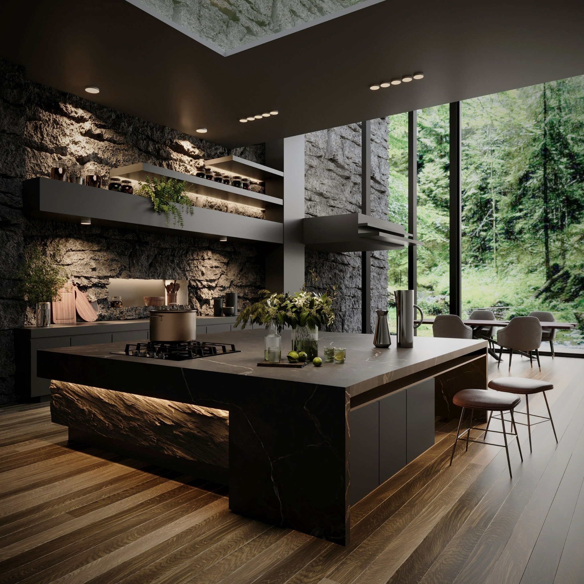 Nowoczesna kuchnia z kamienną ścianą i wyspą z marmurowym wykończeniem, widok na las przez panoramiczne okno, minimalistyczne detale i oświetlenie punktowe.