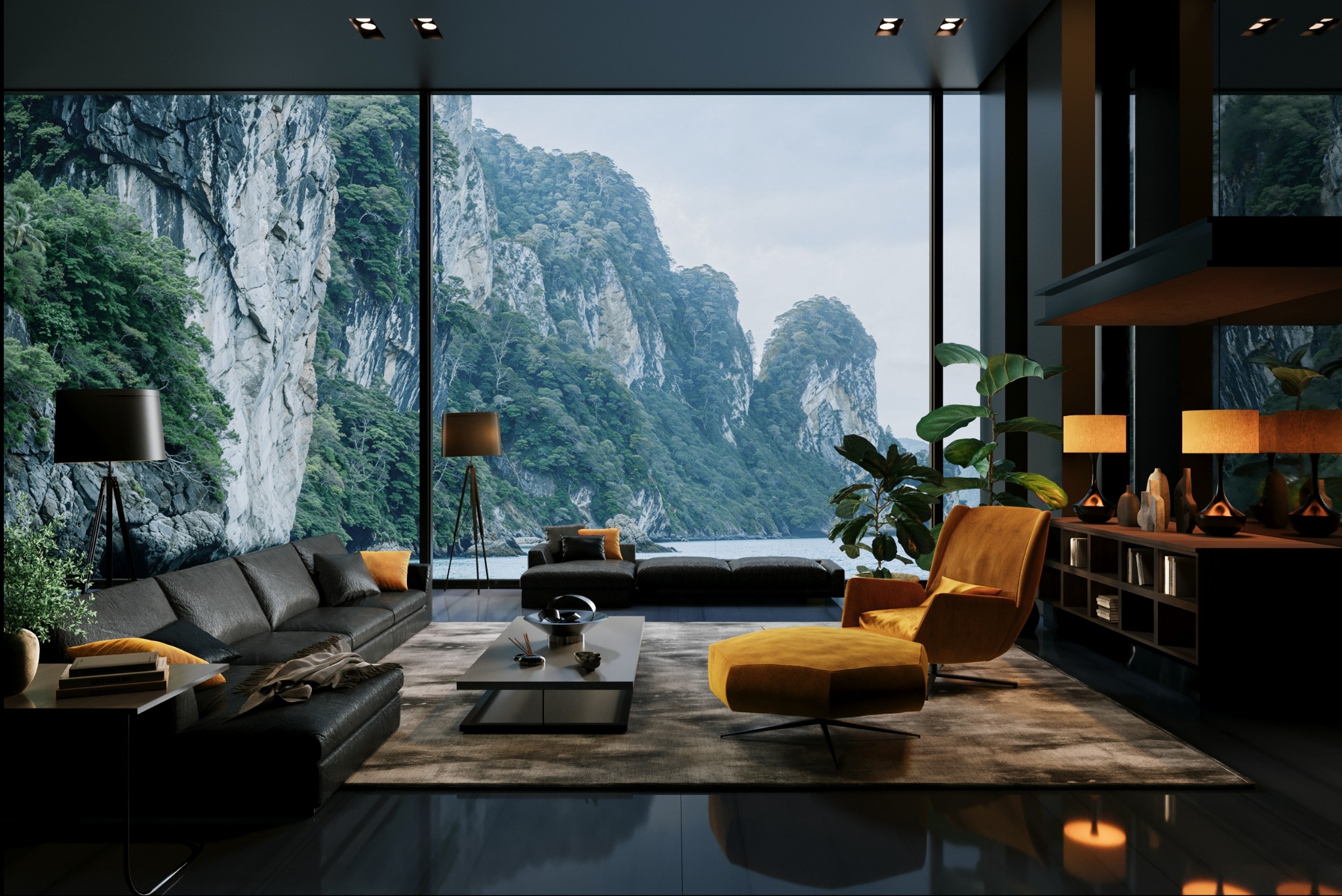 Elegancki salon z panoramicznym widokiem na skaliste wybrzeże i morze, wyposażony w skórzaną sofę, fotel w odcieniach złota, stolik kawowy i rośliny doniczkowe, oświetlony lampami podłogowymi...