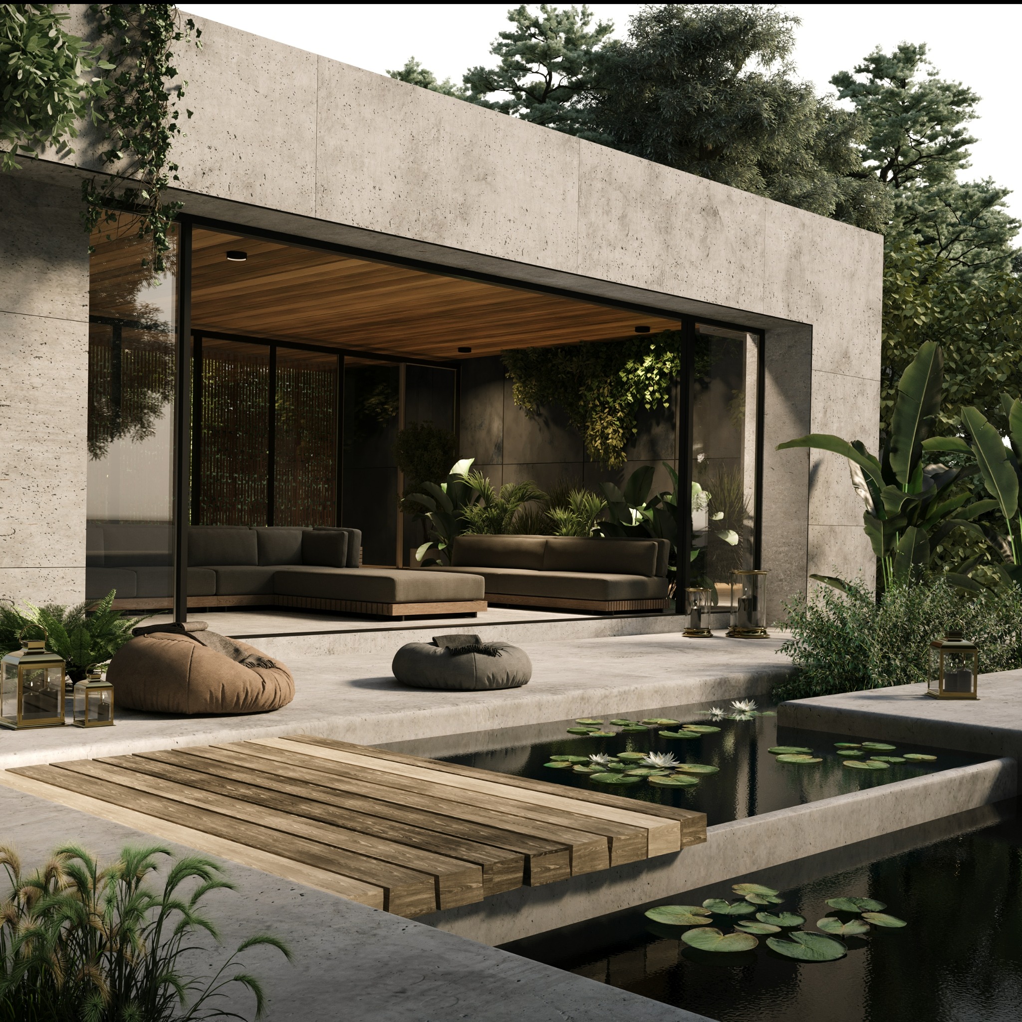 Nowoczesny taras w Radomiu z betonową konstrukcją, drewnianym pomostem nad oczkiem wodnym z liliami, i strefą relaksu z sofami oraz pufami.