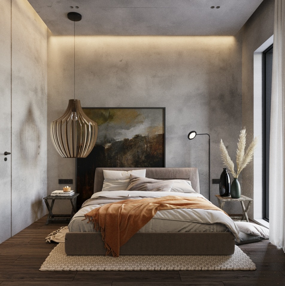 Stylowa sypialnia w odcieniach szarości z beżowym łóżkiem i drewnianą lampą wiszącą. Obraz w tle i minimalistyczne stoliki nocne dodają elegancji.