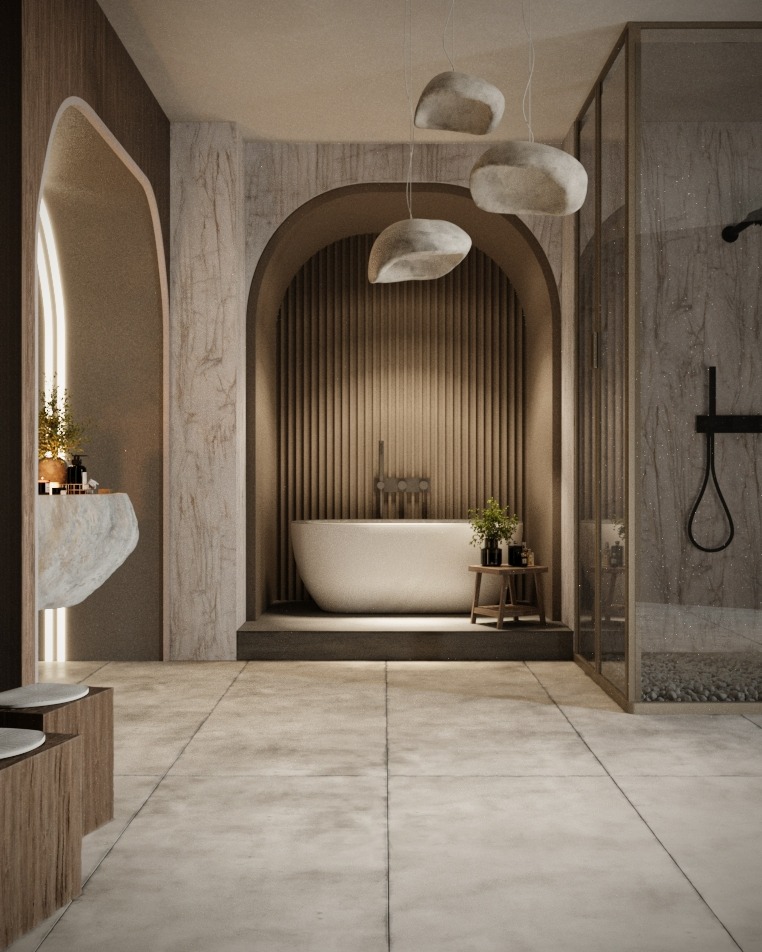 Nowoczesna łazienka z wanną w niszy i kamiennymi lampami wiszącymi. Minimalistyczny design z naturalnymi materiałami i ciepłym oświetleniem.