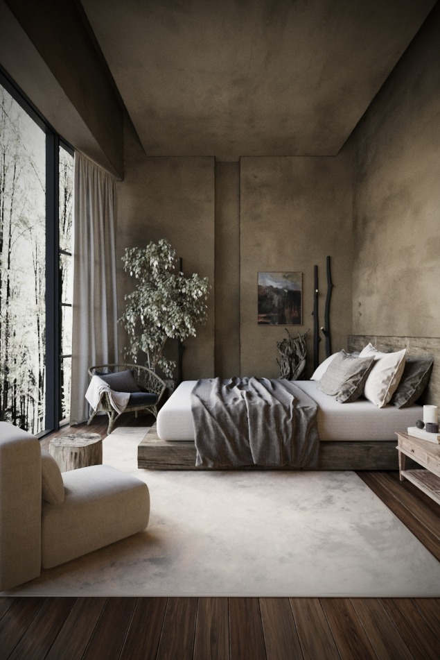Minimalistyczna sypialnia z dużym oknem, drewnianą podłogą i łóżkiem na podeście. Neutralna kolorystyka, roślina w rogu, fotel i dywan tworzą przytulną atmosferę.