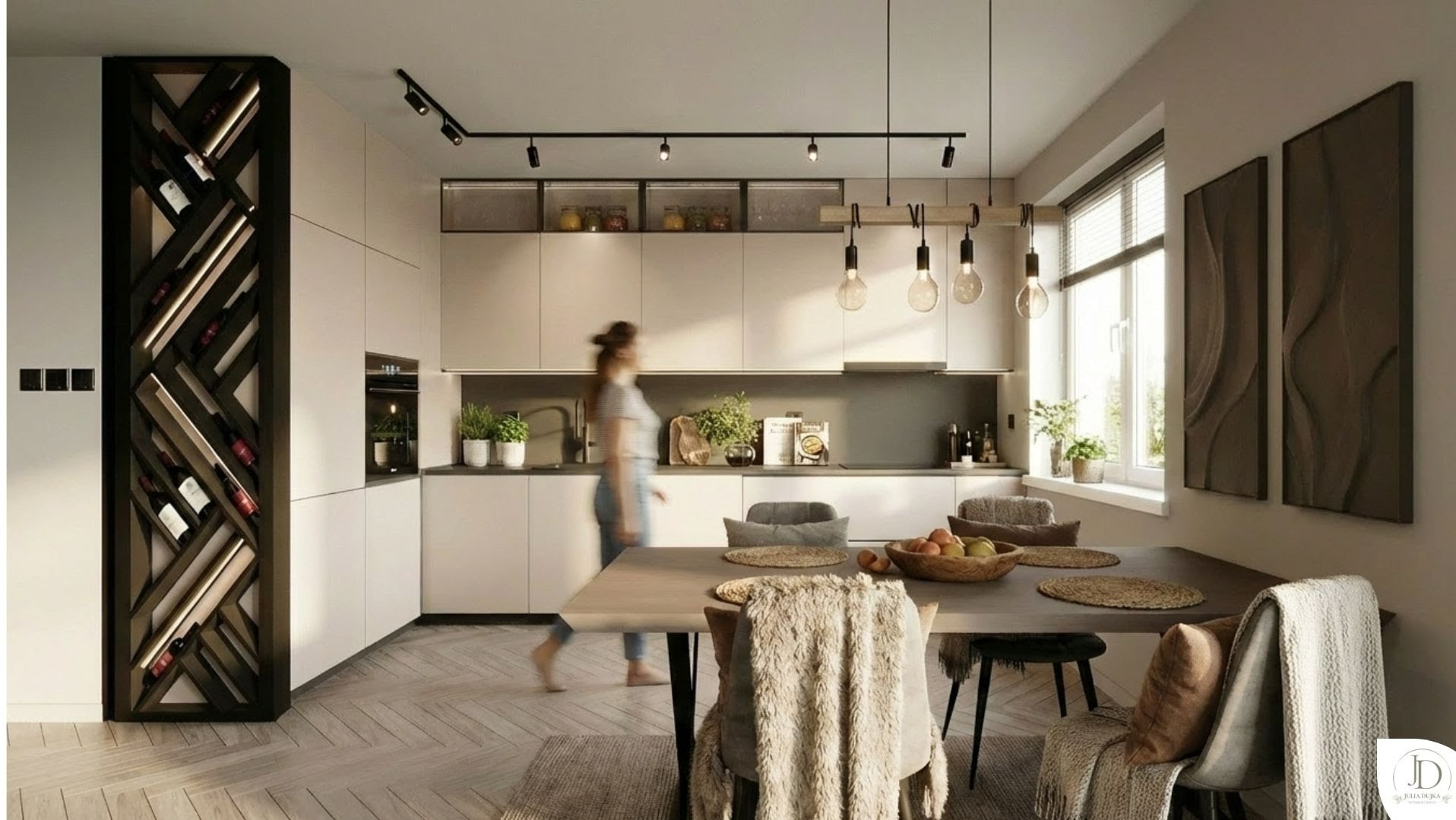 Nowoczesna kuchnia z jadalnią: minimalistyczne białe szafki, drewniany regał na wino z podświetleniem LED, stół z owocami i dekoracyjne panele ścienne.