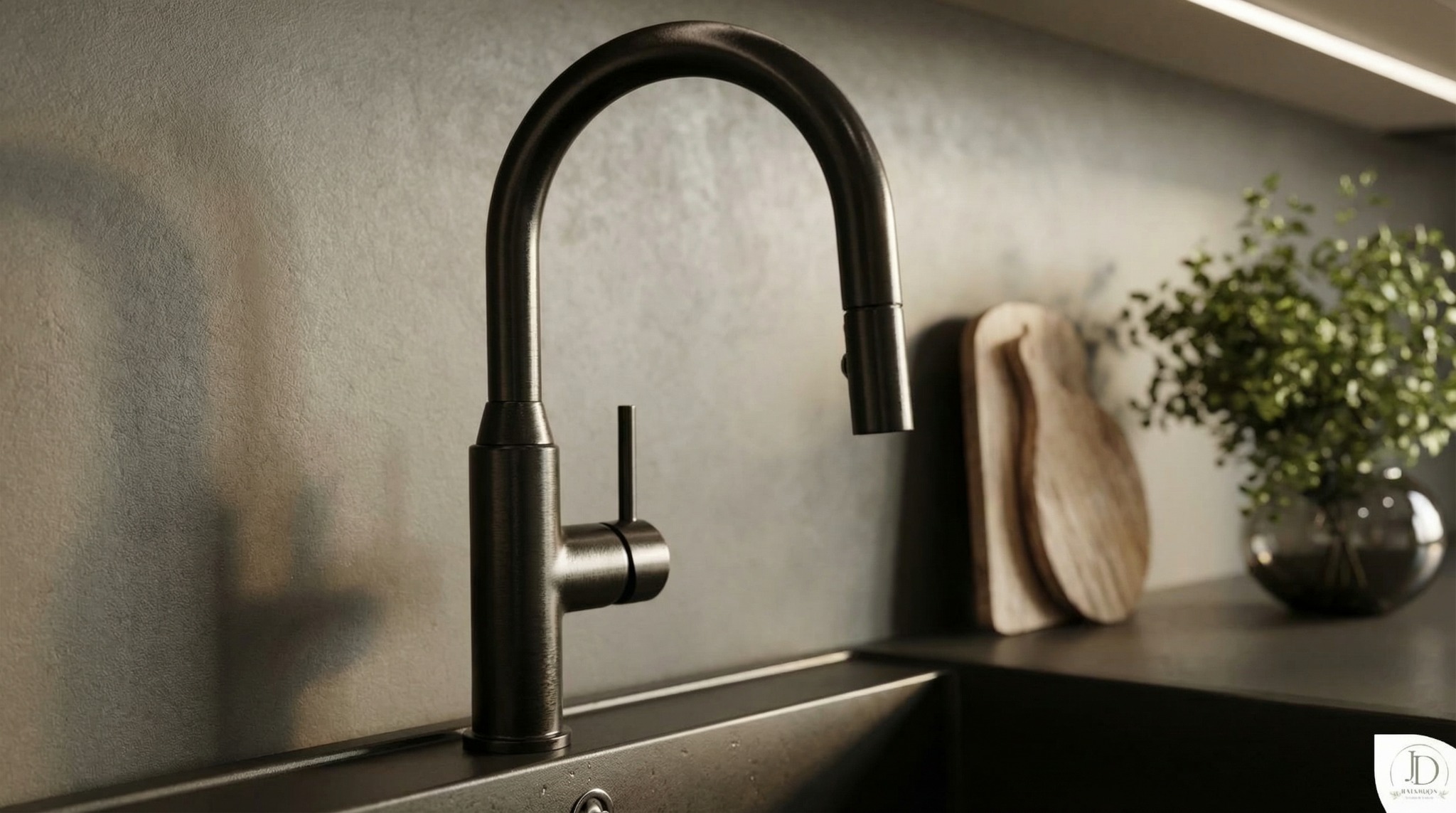 Stylowa, czarna bateria kuchenna z wyciąganą wylewką na tle szarej ściany i drewnianych desek do krojenia. Minimalistyczny design, nowoczesne wykończenie.