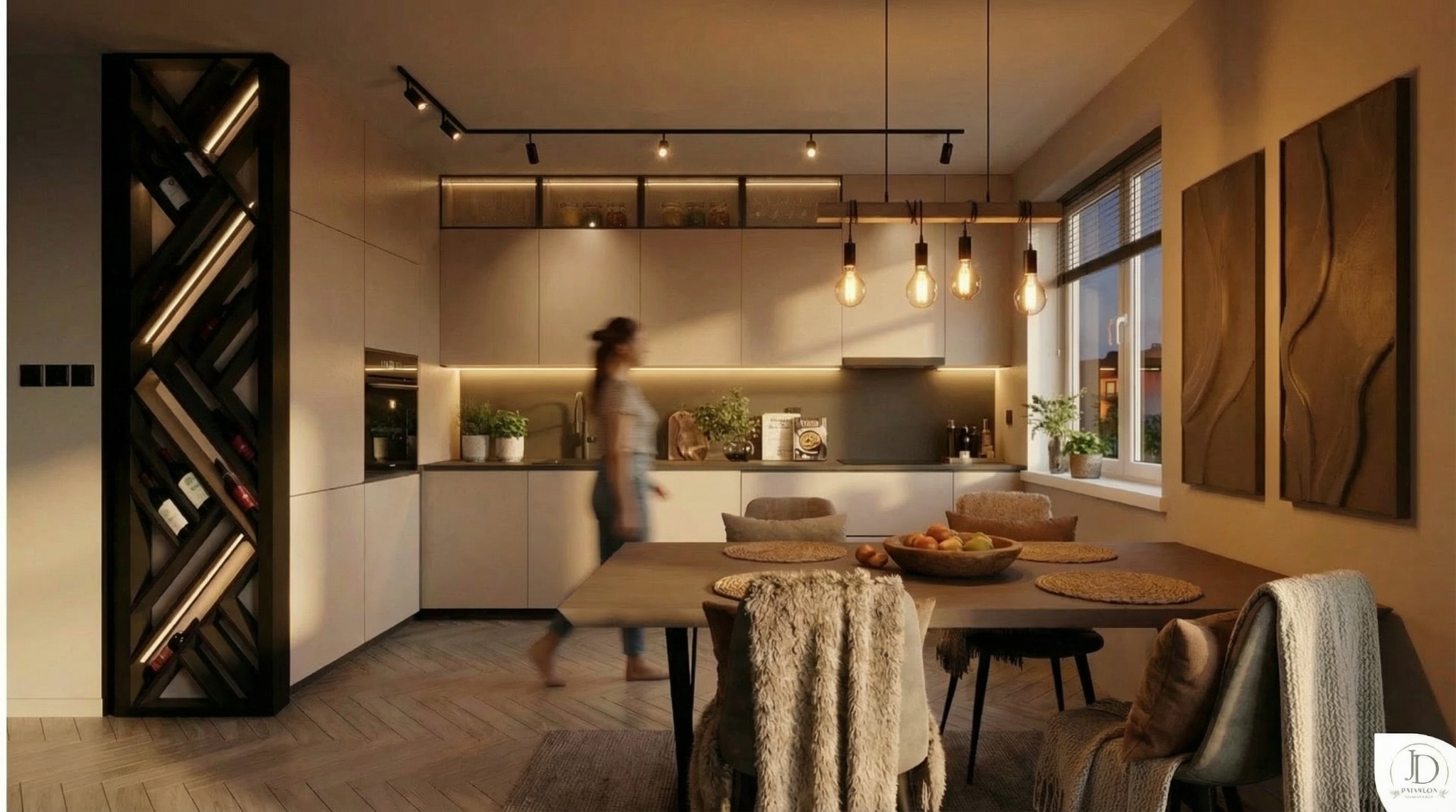 Nowoczesna kuchnia z jadalnią: minimalistyczne szafki, drewniany stół z owocami, dekoracyjne oświetlenie i regał na wino z podświetleniem LED. Kobieta w tle.