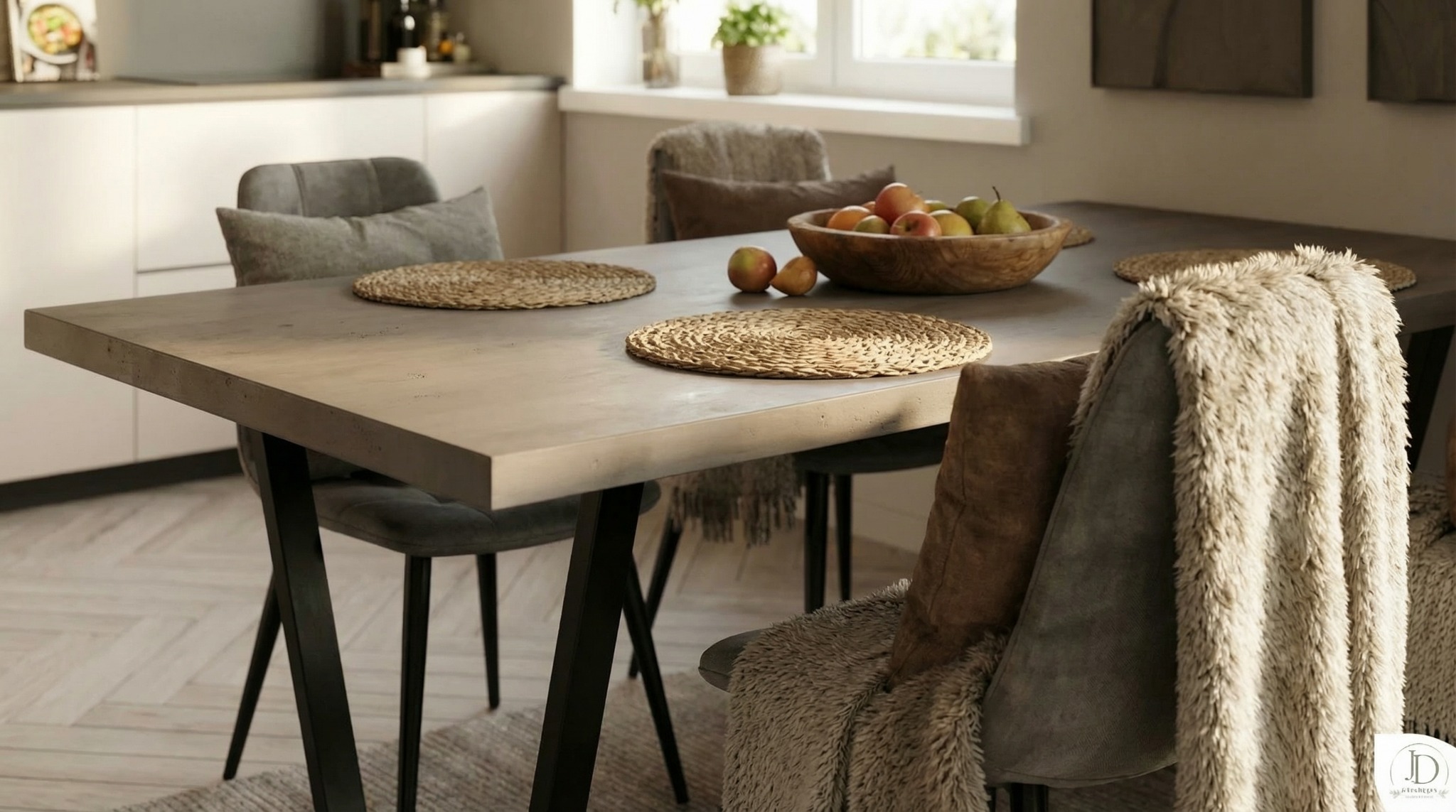 Stół z blatem imitującym beton, czarne nogi, szare krzesła z poduszkami i pledami. Na stole podkładki i misa z owocami. W tle okno i zabudowa kuchenna.