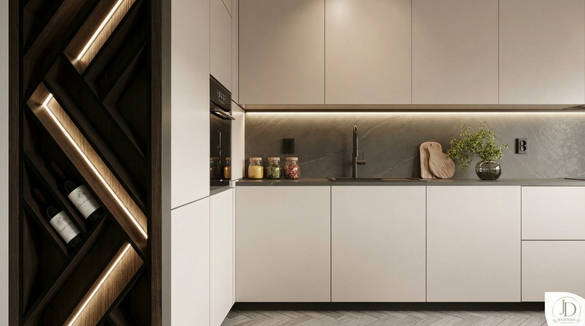 Nowoczesna kuchnia w odcieniach bieli i szarości z drewnianym regałem na wino z podświetleniem LED. Minimalistyczny design, eleganckie wykończenie, dbałość o detale.