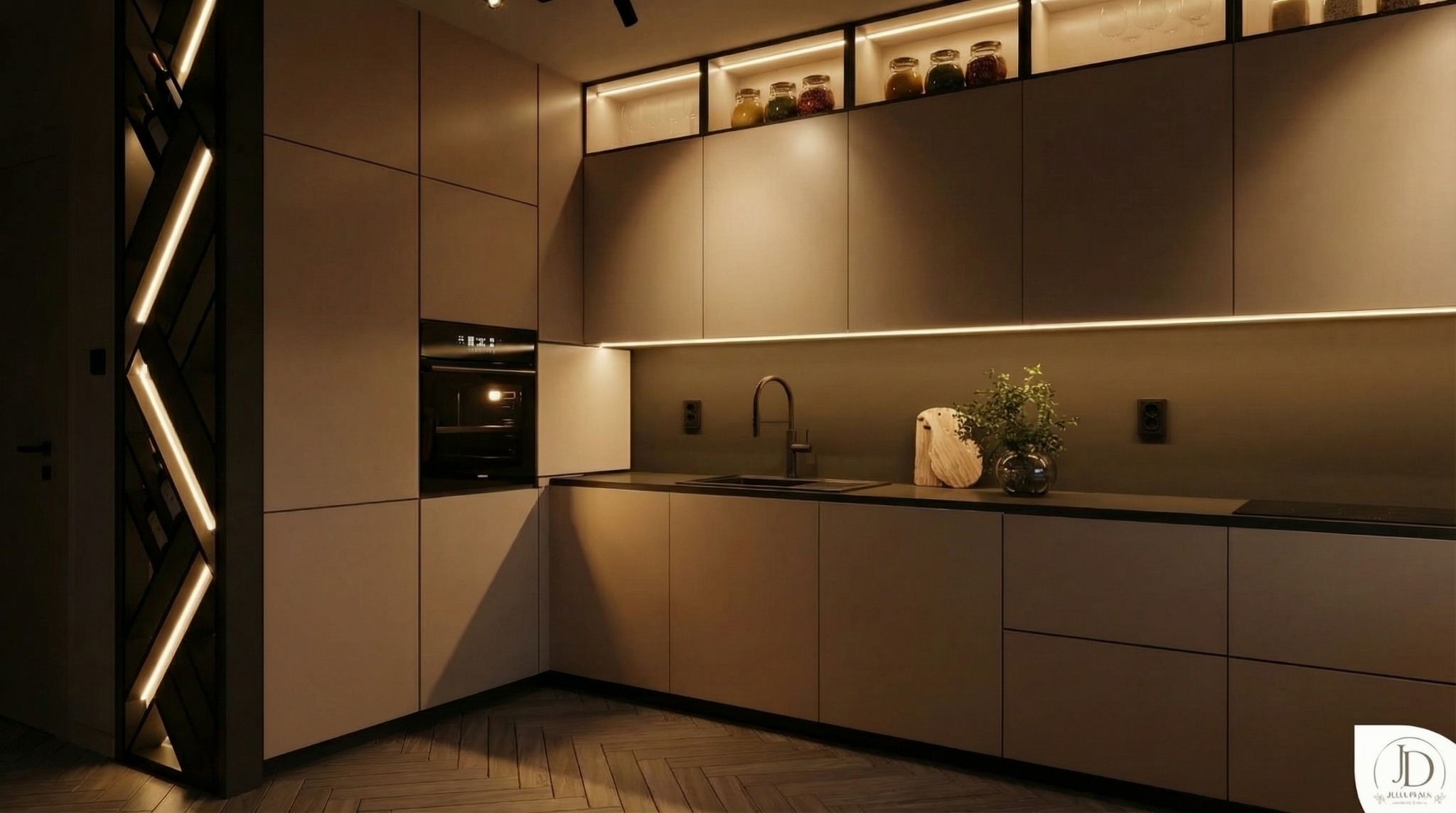 Nowoczesna kuchnia w odcieniach beżu z oświetleniem LED, drewnianą podłogą w jodełkę i dekoracyjnym regałem na wino z podświetleniem. Minimalistyczny design.