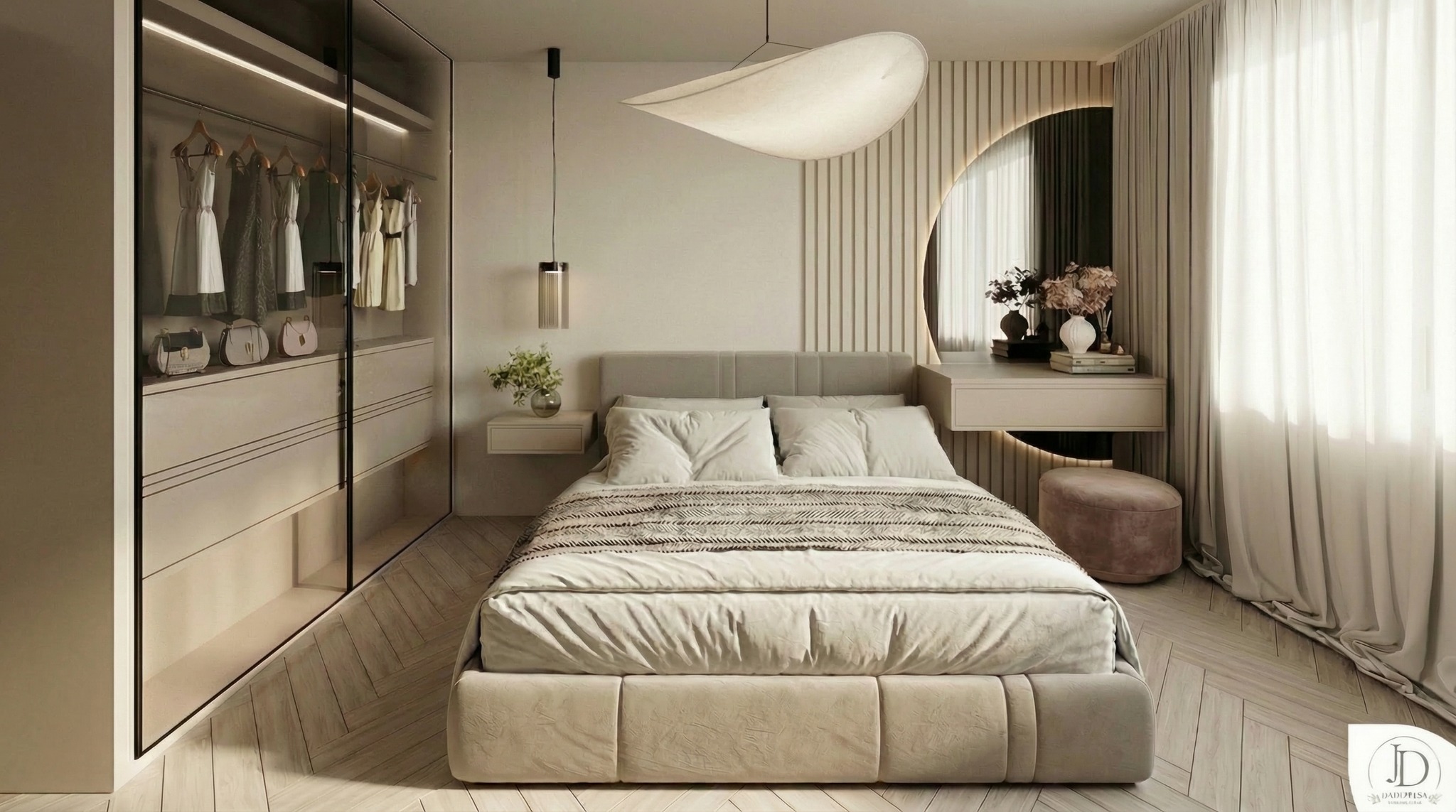 Jasna sypialnia w beżach: duże łóżko, garderoba z przeszklonymi drzwiami, toaletka z okrągłym lustrem podświetlonym LED, parkiet w jodełkę, designerska lampa.