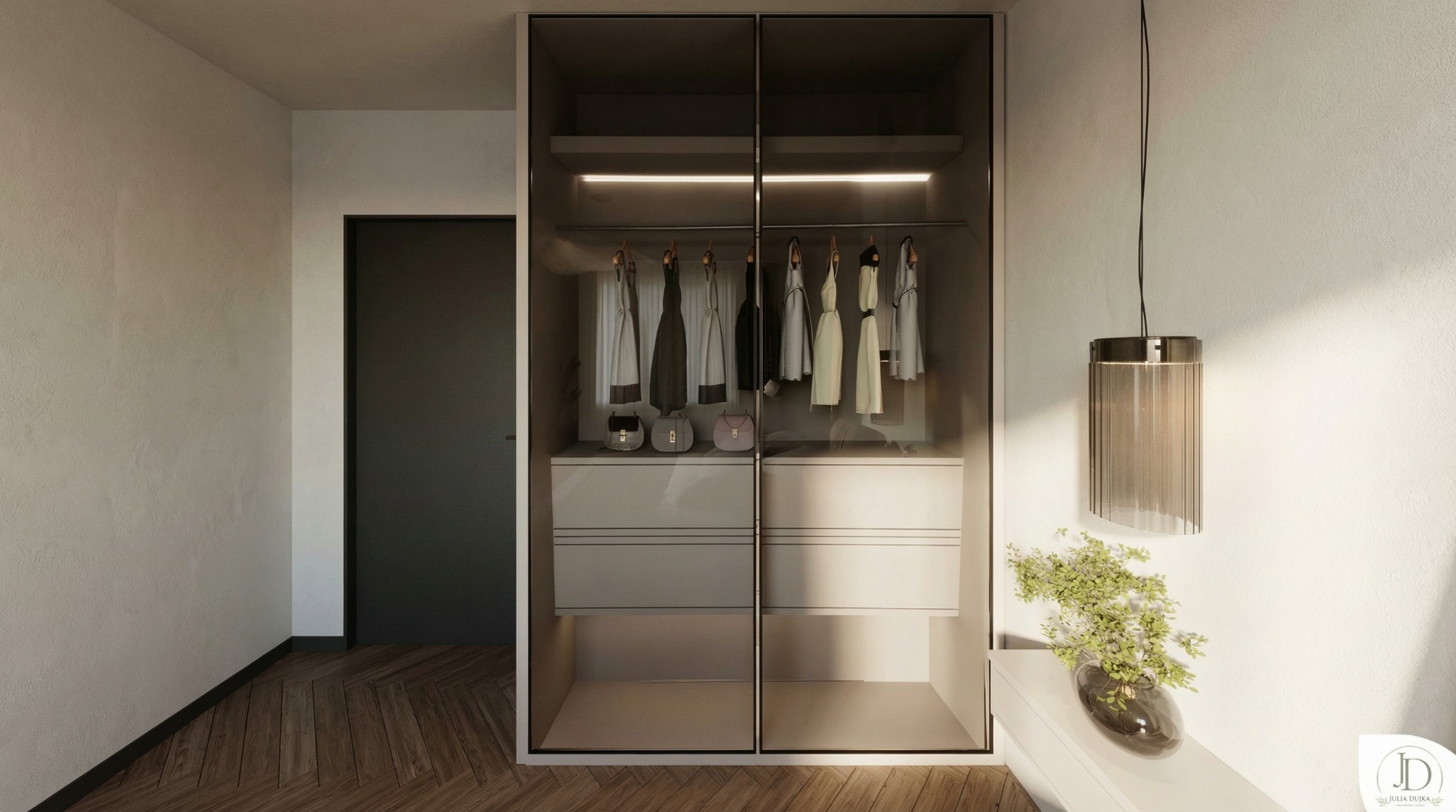 Nowoczesna garderoba z przesuwnymi, szklanymi drzwiami, oświetleniem LED i drewnianą podłogą w jodełkę. Projekt zrealizowany w Radomiu.