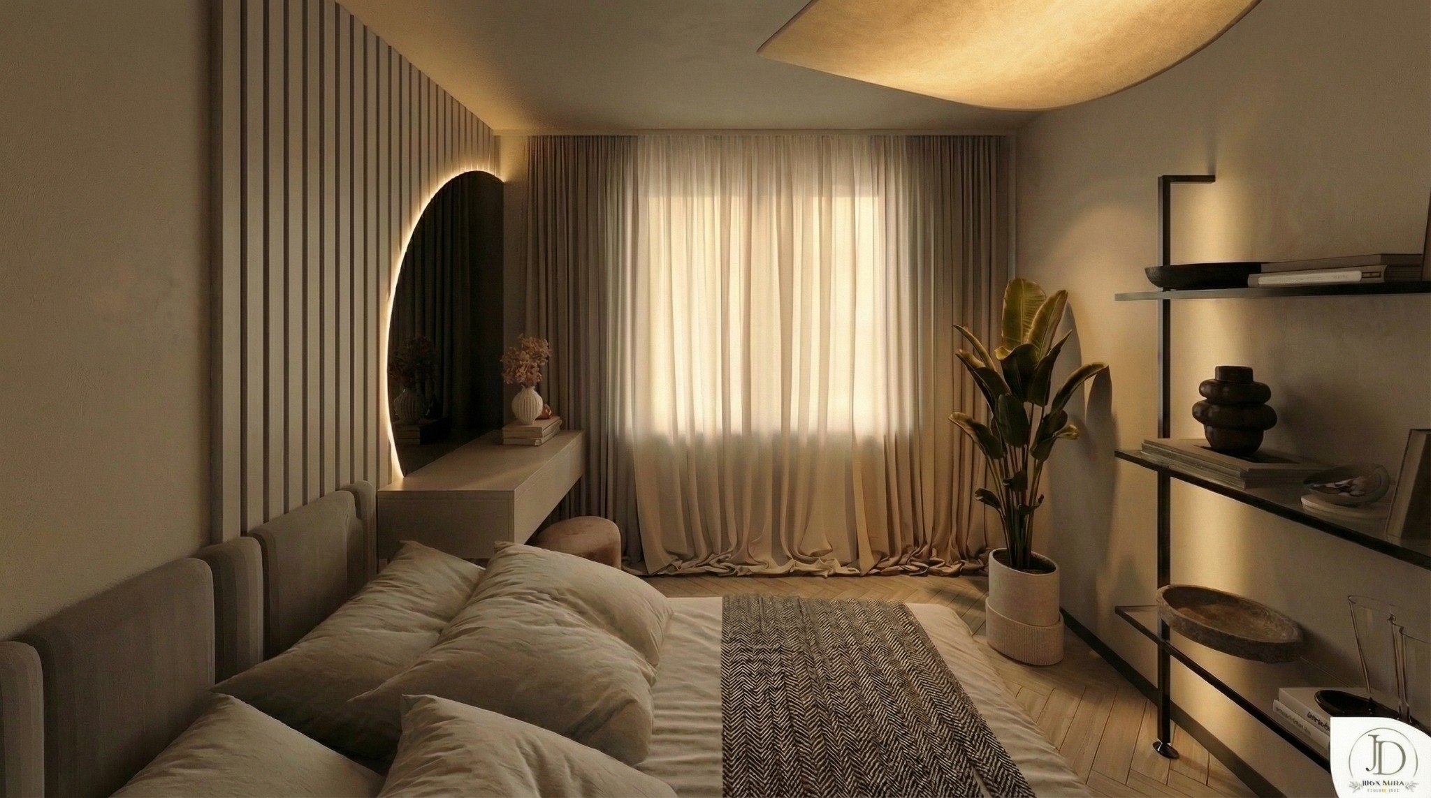 Beżowa sypialnia z łóżkiem, toaletką z lustrem podświetlanym LED, zasłonami i półkami z dekoracjami. Ciepłe oświetlenie tworzy przytulny klimat.