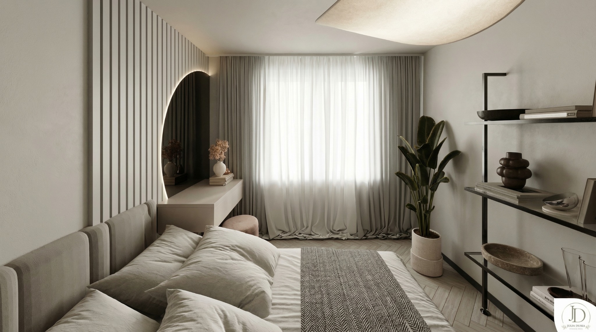 Jasna sypialnia z łóżkiem, toaletką z podświetlanym lustrem i półkami. Minimalistyczny design z rośliną doniczkową i zasłonami w oknie.